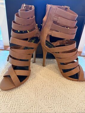 Paper Fox Tan Strappy Stiletto Heels